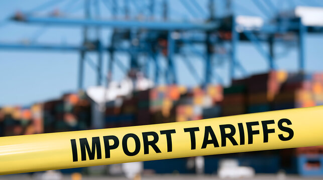 A yellow caution tape with the text import tariffs in the foreground, and a busy container port terminal with large cargo cranes in the background