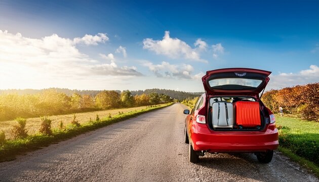 red hatchback car with open trunk loaded with luggage for travel on a rural road