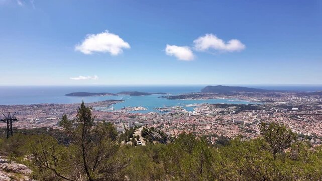 Scenic view of Toulon landscape from Mont Faron, Provence-Alpes-C&ocirc;te d'Azur, French Riviera, France, Europe. Panoramic view of the city of Toulon and its harbor from Mont Faron on the French Riviera, 