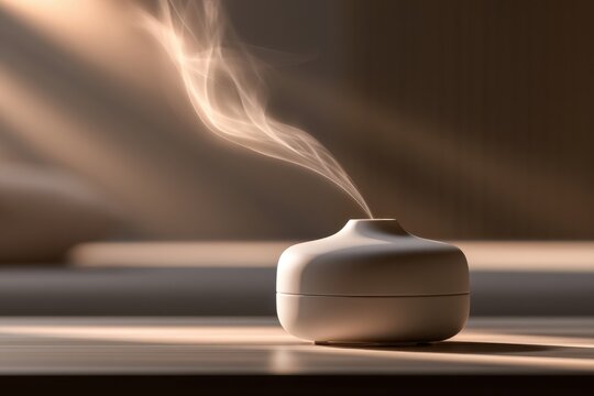 Minimalist ceramic essential oil diffuser releasing fragrant mist in warm sunlight creating a peaceful and calming atmosphere indoors