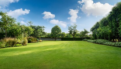 Fototapeta premium lawn in outdoor garden surrounded by lush green trees and plants with blue sky and clouds in background represent landscaping design landscape architecture garden planning at outdoor space