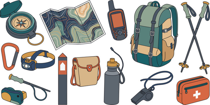 Hiking Gear Icon Set with Compass Backpack and Trekking Pole