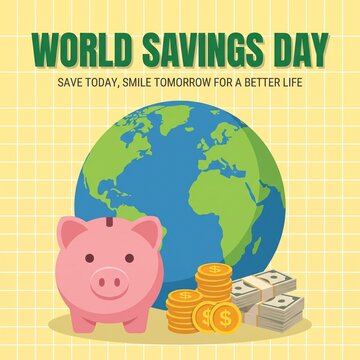 World Savings Day Piggy Bank Globe Financial Vector Banner
