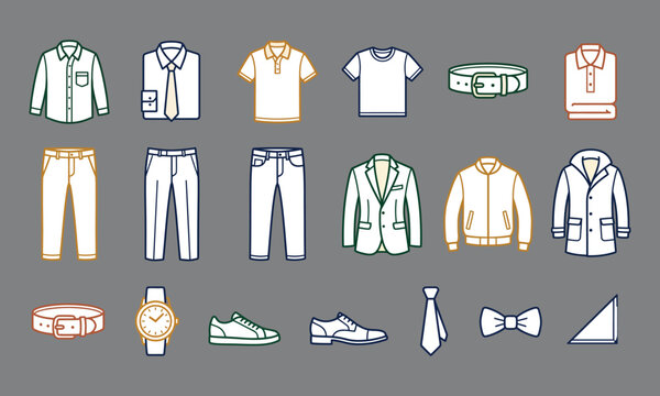 Men Fashion Clothing Icon Set with Shirt Suit and Shoes