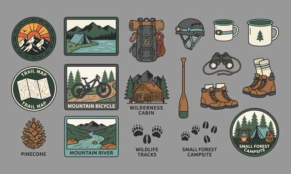 Outdoor Hiking Camping Badge Set with Cabin Backpack and Boots