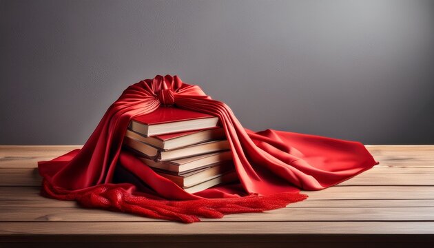 a red toga pile of books on a wooden table with gray walls