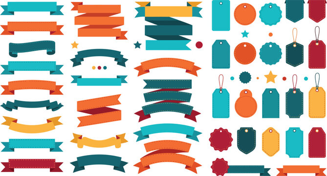 Ribbon Banner and Price Tag Icon Set in Flat Style