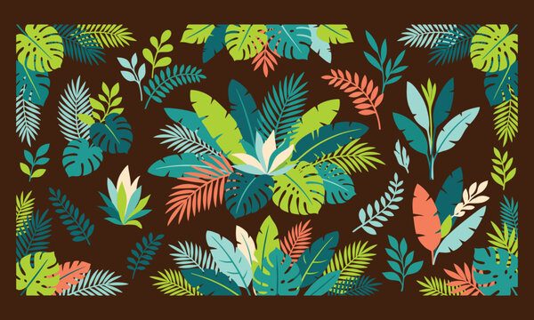 Tropical Leaf Pattern with Palm Fern and Monstera Foliage
