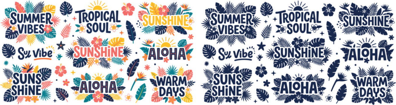 Tropical Summer Typography Sticker Set with Leaves and Sun Icons