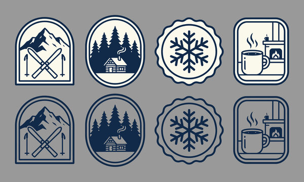 Winter Cabin Ski and Snowflake Badge Icon Set