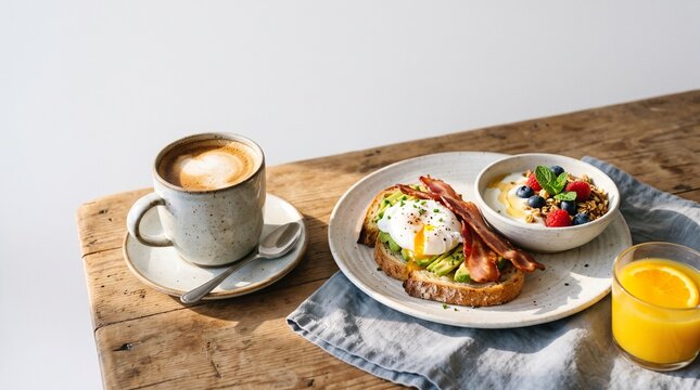 Delicious breakfast spread with poached egg avocado toast bacon coffee yogurt granola and orange juice on rustic table