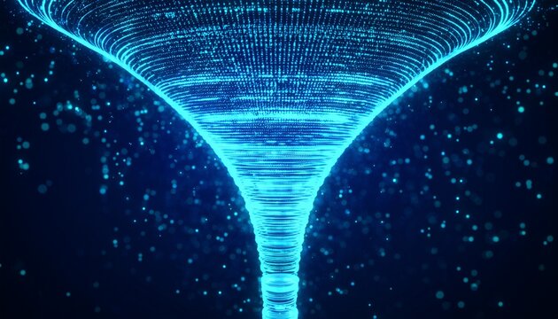 abstract digital funnel vortex of glowing particles on a dark background data analysis concept