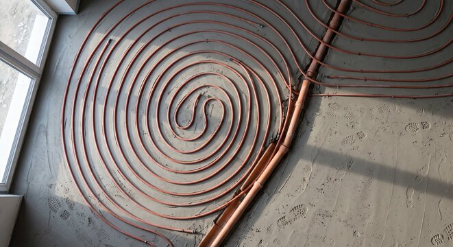 Underfloor heating pipe laid in a spiral on a screed floor