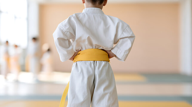 Young child in white martial arts uniform with yellow belt stand confident in sports hall dojo interior pose ready for fight practice