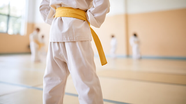 Young martial artist student wear white gi uniform and yellow belt stand inside indoor gym hall focus on self defense discipline lesson