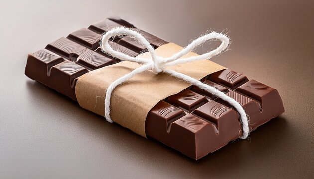 a single bar of dark chocolate wrapped in brown craft paper tied with a white cotton string