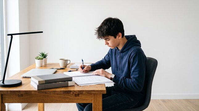 Young boy focused on writing in a notebook at a wooden desk with a laptop and lamp