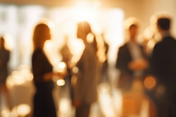 Fototapeta premium Blurred gathering of people socializing and engaging in conversations at a warm, softly lit networking event or casual business reception indoors