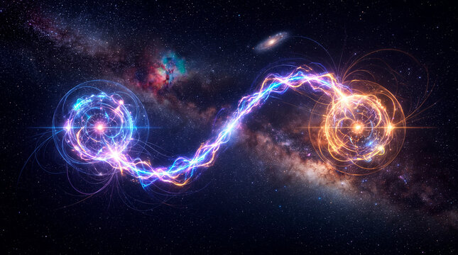 Conceptual photorealistic visualization of quantum entanglement connecting two particles in outer space