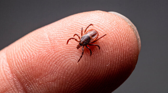 Adult female Ixodes ricinus tick crawling on human fingerprint ridges in macro view