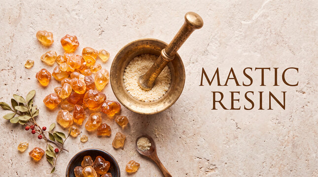 Top down view of translucent mastic resin tears with ground resin powder on a light surface