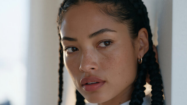 A woman with long braids pressing her ear against a thin apartment wall, eyes raised and expression caught between guilt and curiosity, eavesdropping and nosy neighbor concept for