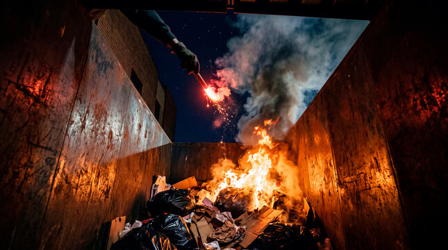Worm's eye view of a flare igniting trash in a dumpster at night