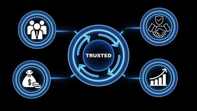 Digital trusted business concept with animated hud interface and growth icons