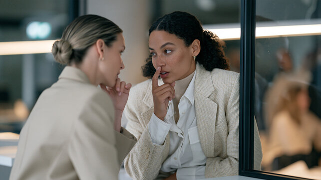 Two suited businesswomen speaking in hushed tones beside a glass office partition, one glancing over her shoulder nervously, corporate rumor spreading and professional