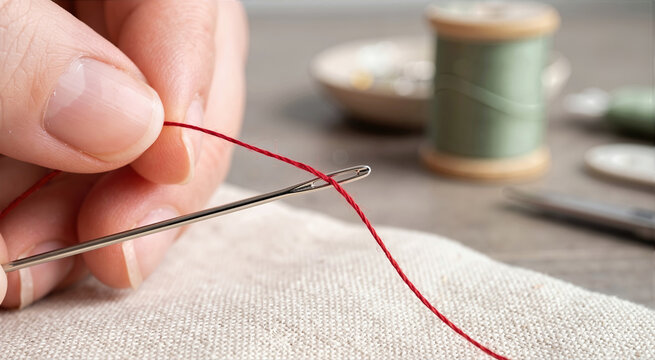 Close up of fingers threading a silver sewing needle with red cotton thread. Seamstress preparing needlework over cream linen fabric. Craft and hobby concept