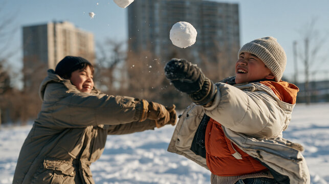 Two Inuit teenagers playing a spirited snowball fight in a snow blanketed city park, coats flying open mid throw, packed snowballs arcing through cold air, urban apartment towers