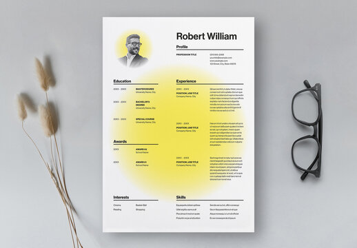 Minimal Resume Layout with Yellow Gradient Accent