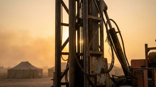 Drill rig mast and steel cables against open sky with exploration camp tents blurred in the distance