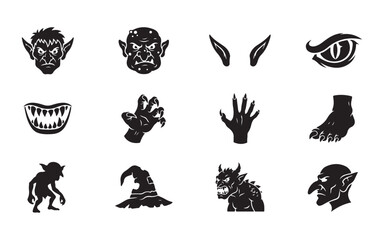 Fototapeta premium Collection of black goblin vector icons including faces eyes claws hats and monsters for game art.