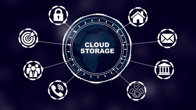 Cloud storage technology concept with global network icons and digital earth interface