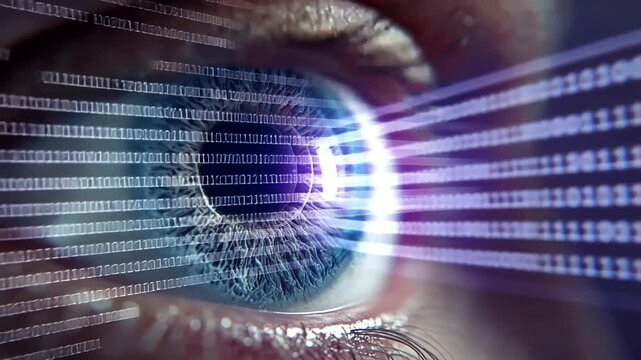 Close-up of a blue human eye with binary code and digital light beams