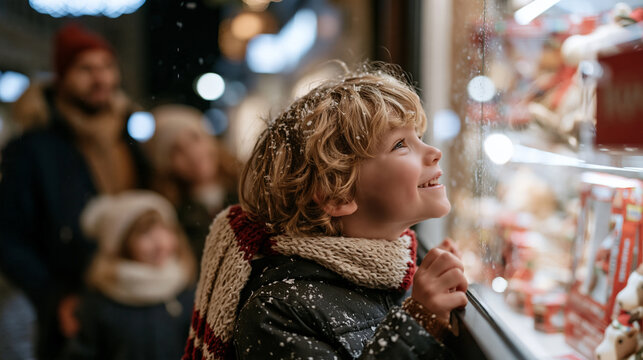 Curly-haired boy pressing his nose against a brightly lit toy shop window at night, reflection of snow falling visible in the glass, parents standing back watching with warm