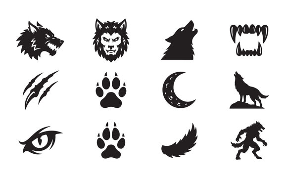 Werewolf wolf beast silhouette icon pack with howling animal, sharp claw scratches and crescent moon.