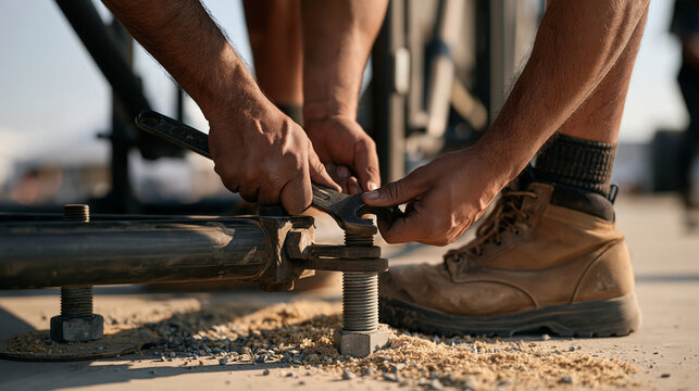 Close-up of calloused hands twisting heavy duty spanners around steel bolt connections at the base of an outdoor stage barrier system, gravel and sawdust scattered around worn