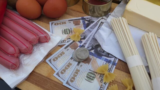 The image represents grocery expenses, food costs, household budgeting, consumer spending, relationship between money and everyday necessities.