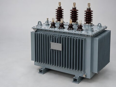 Three-Phase Oil-Immersed Distribution Transformer Isolated on Light Background