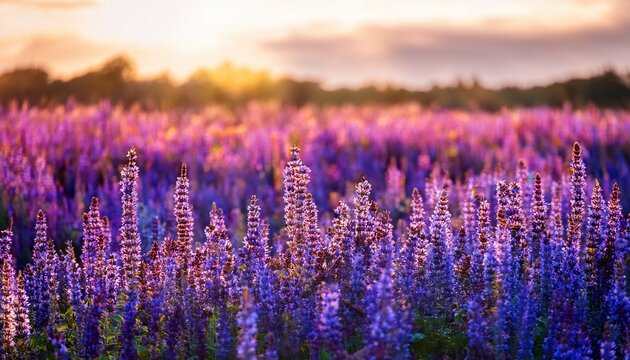 a captivating close up photograph featuring a vibrant field of densely blooming purple and blue salvia flowers