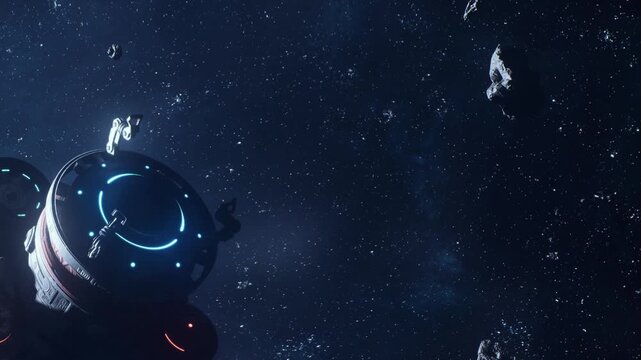 Spaceships float near asteroids in a dark space setting. Stars twinkle in the background. The scene shows a distant galaxy and highlights space travel and exploration.