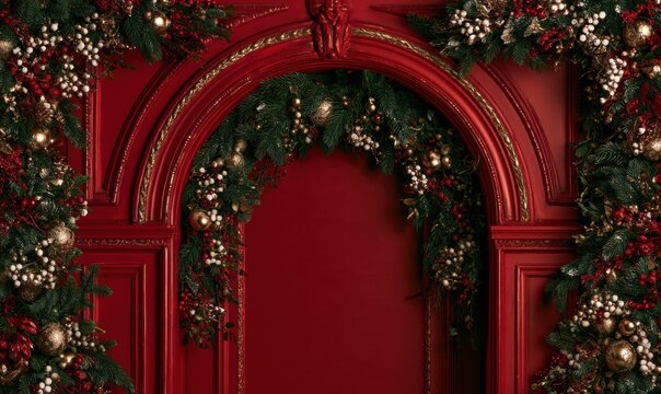 Garnished red arch with pine, holly, and lights for holiday use