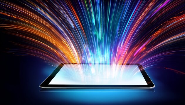 a tablet with vibrant colorful digital data streams emerging from the screen symbolizing fast information transfer and modern technology gadgets on abstract background