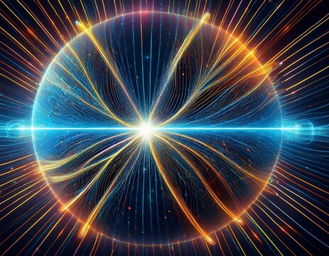 abstract electromagnetic field lines around magnetic dipole with quantum energy flow technology background