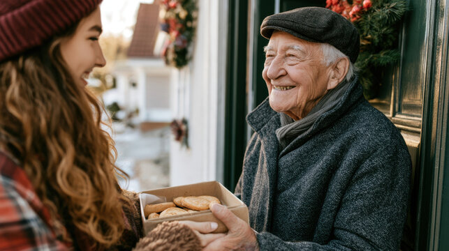Young woman giving homemade christmas cookies to a smiling elderly neighbor at his decorated doorway during a holiday visit