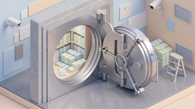 A 3D isometric render of an open bank vault door, revealing shelves stacked with bundles of paper currency, security cameras, and a small metal ladder in a pastel-colored room
