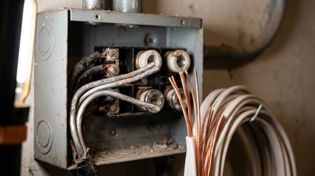 Old aluminum wiring beside new copper cable coils in open fuse box showing home electrical rewiring upgrade.