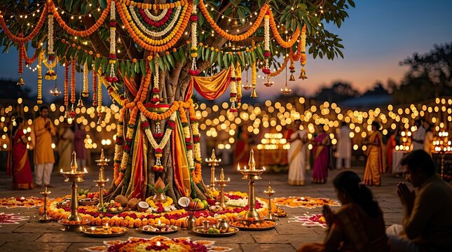 Decorated sacred tree with offerings during evening religious ceremony with devotional offerings ceremonial ceremonial outdoor setting adorned garlands lights hosts devotional traditionalclothing